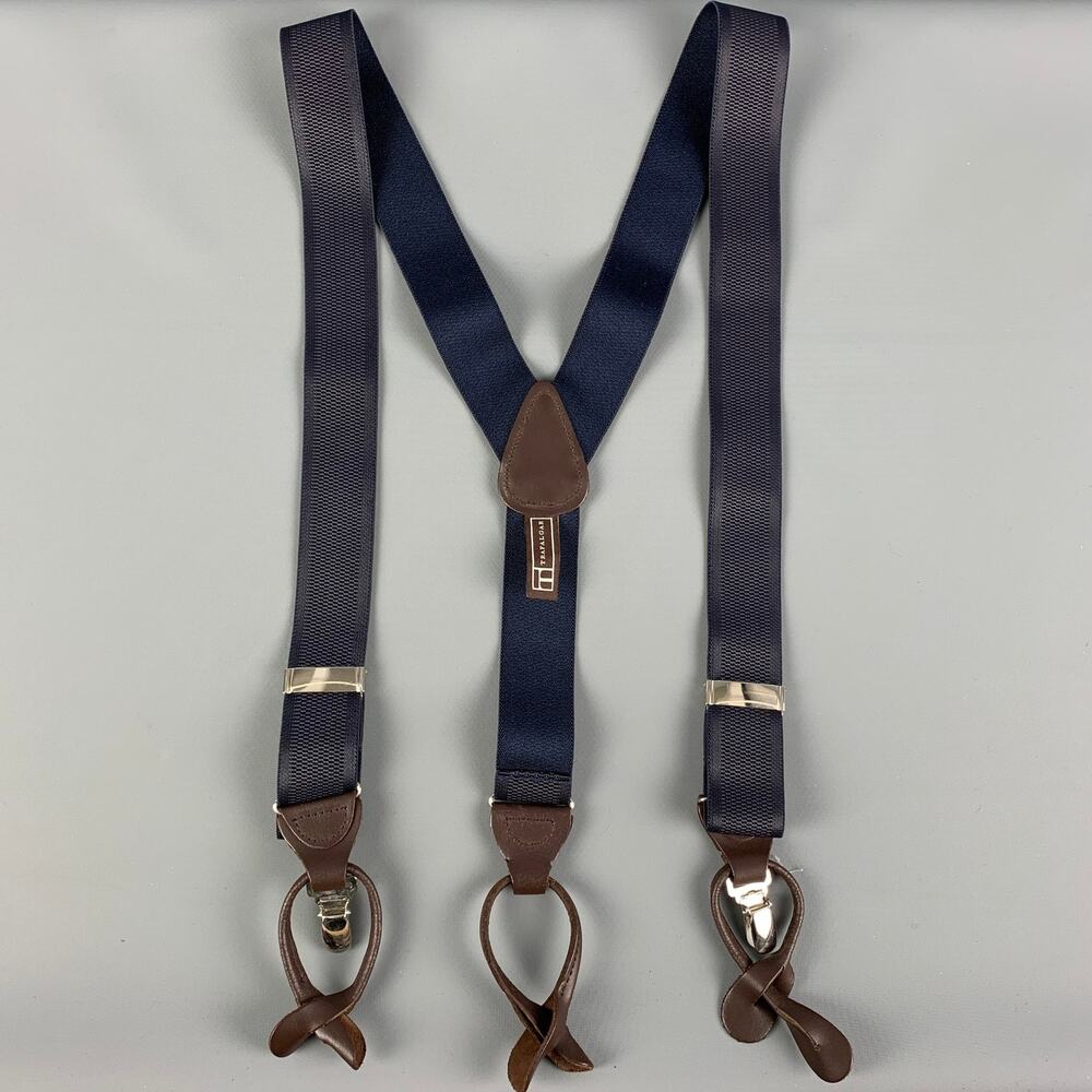 TRAFALGAR Size One Size Navy Brown Leather Elastic Suspenders